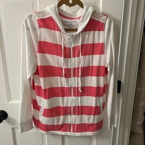 Tommy Bahama pink and white rugby stripe zip up hoodie